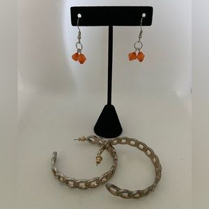 Gold tone link style open hoop back post, orange beads dangling earrings